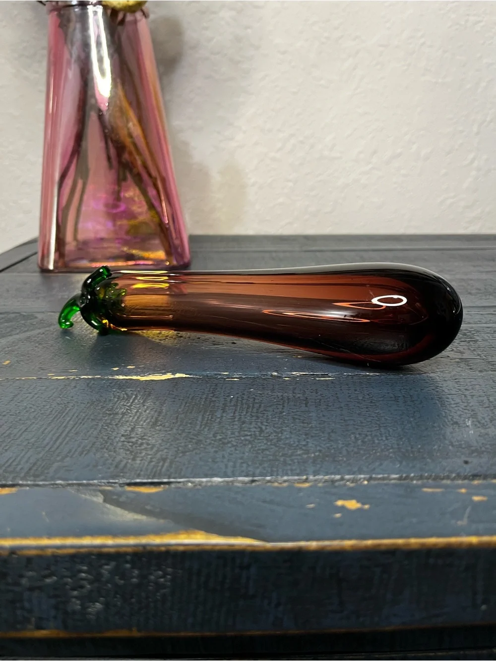 Artisan Glass Chili Accent Vase in Brown with Green Stem